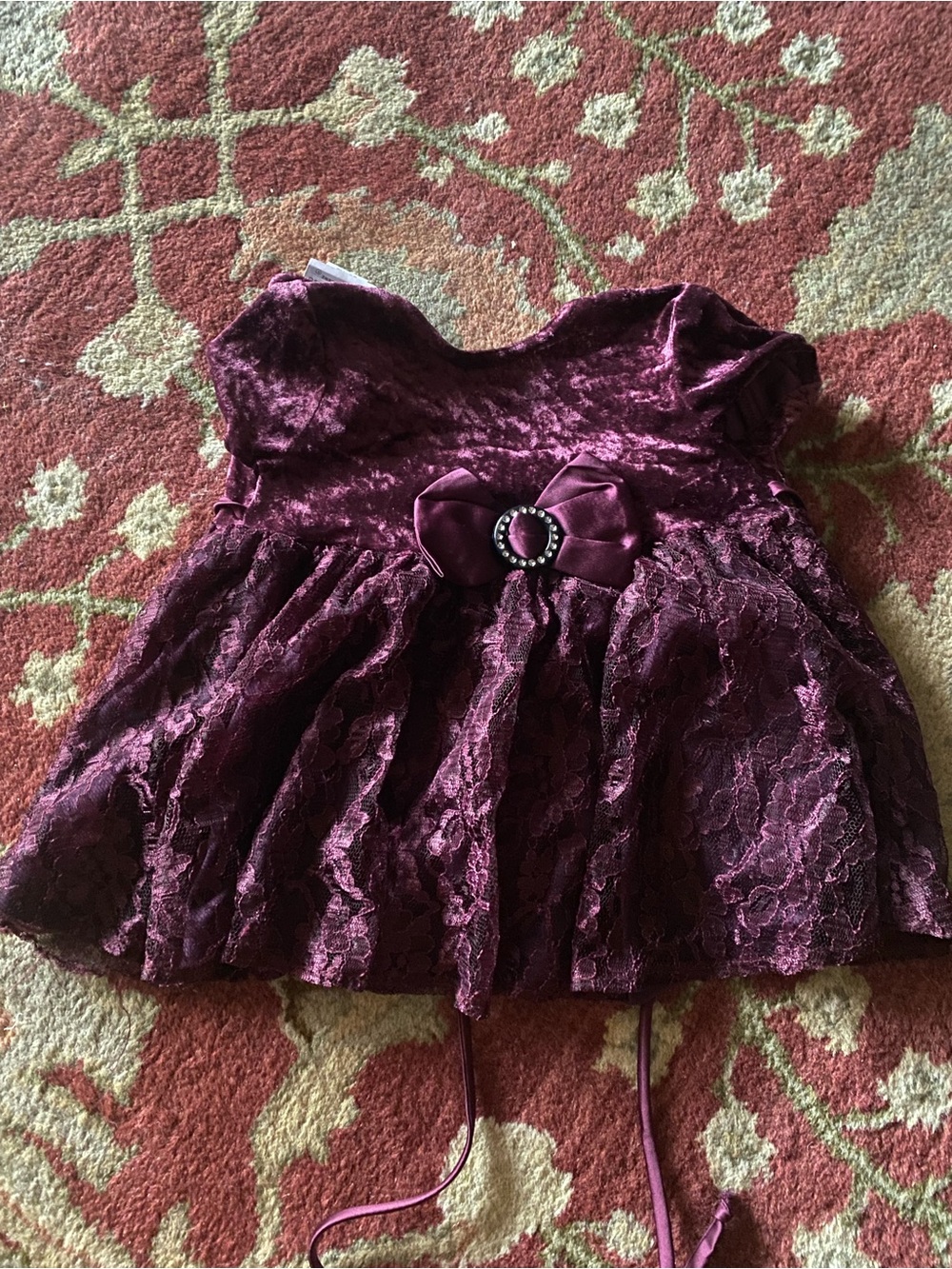 Girls' Velvet Lace Party Top with Bow - Plum